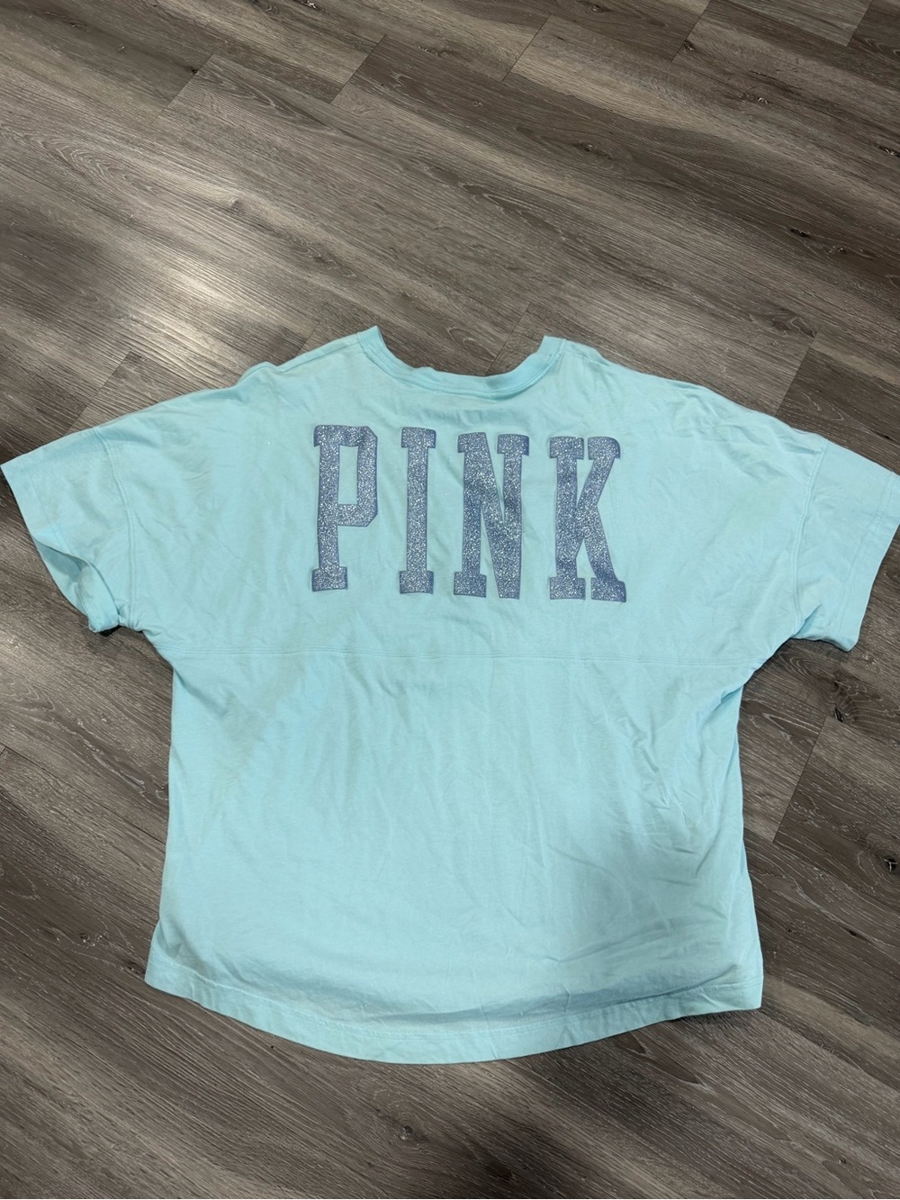 PINK Victoria's Secret Light Aqua Graphic Tee with Navy Lettering